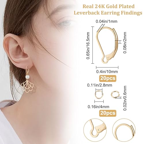 Beebeecraft 1 Box 20Pcs Leverback Earring Findings 24K Gold Plated Clasp Earring Hooks 16.5x10mm French Ear Wire Connector with 20Pcs Open Jump Rings for DIY Jewellery Making - Image 2