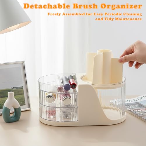 Makeup Organiser With 360° Rotating Makeup Brush Holder, White Cosmetic Display Case And 2 Drawers, Detachable Skincare Organiser, Large Capacity Cosmetics Storage Box For Dresser, Bedroom, Bathroom - 4