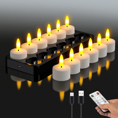 HL LED Teelichter Aufladbare mit Timer & Ladestation 12er Wiederaufladbar LED Teelichter Kerzen Flackernd mit Fernbedienung Timer für Party Zimmer Wohnzimmer Halloween Weihnachten Deko