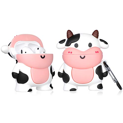 Jowhep Case for AirPod 2/1 Cartoon Design Cute Silicone Cover Keychain Fashion Funny Fun Unique Cool Animal 3D Soft for Air Pods Girls Kids Women Boys Kawaii Shell Cases for AirPods 1/2 Smile Cow