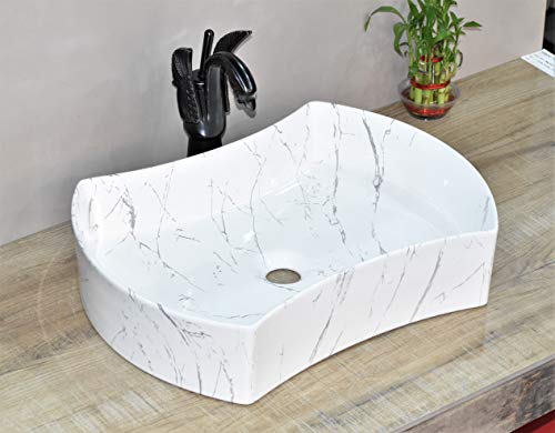 Image of InArt Designer table top wash basin for bathroom /bathroom sink /cabinet wash basin /ceramic basin /counter top basin /vanity washbasin in White Marble Pattern Color 21 X 15 X 5 Inch