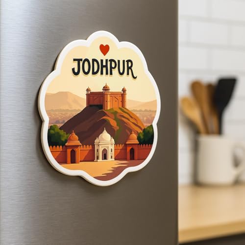 Image of Naxon Jodhpur Wooden Fridge Magnet | Mehrangarh Fort & Blue City Decorative Souvenir | Rajasthan Travel Gift & Kitchen Decor (3x3 Inch, Multicolor) | Pack of 1