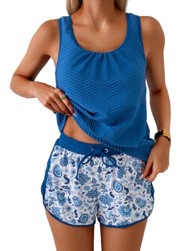 Image of Aidonger Women's Tankini Swimsuit Modest Two Piece Bathing Suit Tummy Control Athletic Blouson Tank Top with Short Bottoms