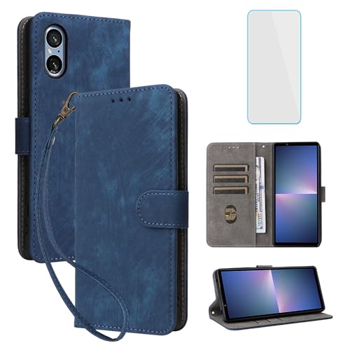 Étui portefeuille Sony Xperia 5 V avec blocage RFID et film écran - Bleu