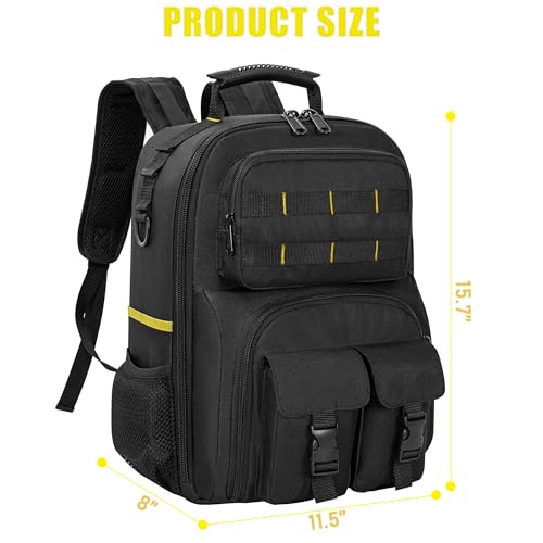 Image of Tool Backpack, Heavy Duty Tool Bag with Padded Shoulder and Removable Tool Organizer, Water-Resistant Work Backpack, for Electrician, Plumber, HVAC, Cable Repairman, Black & Yellow