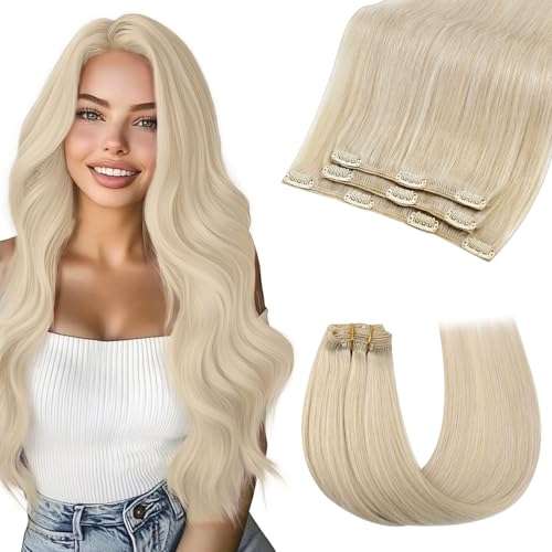 Image of Sunny Hair Clip in Hair Extensions Real Human Hair 16 Inch Platinum Blonde | Clip on Hair Extensions for Women, Light Volume and Soft Movement for Business Travel with a Polished Look 85g