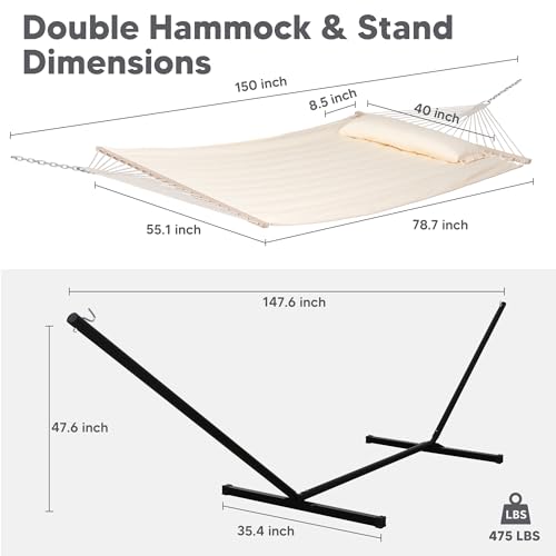 Image of SUNCREAT Hammocks Extra Large Double Hammock with 12 ft Stand, 475lbs Capacity, Outdoor Portable Hammock with Hardwood Spreader Bar, Extra Large Pillow, Beige
