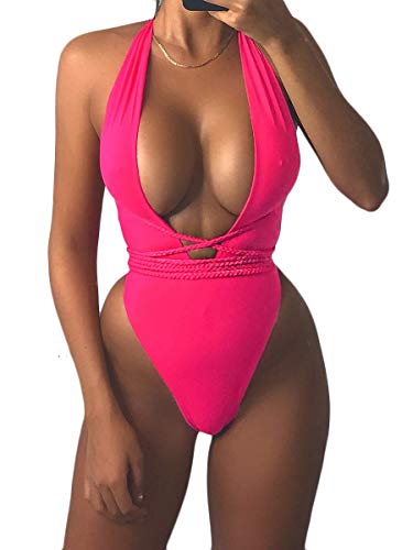MOPOOGOSS Womens Sexy Deep V Neck High Waist Multi-Way Bandage One Piece Swimsuits Swimwear