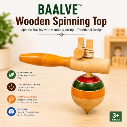 Image of Wooden Spinning Top - Spindle Top Toy with Handle & String - Traditional Design - Enhances Fine Motor Skills & Eco-Friendly, Ideal for 3+ Years Kids, Top Toy Spinning, Bongaram for Kids.