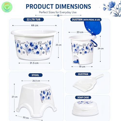 Image of Heavy Duty Virgin Plastic Large Capacity 20L Bucket, 5L Bucket, Stool,22L Deep Tub, Dustbin,1.5L Mug,1L Mug, Soap Case, Dustpan, Tooth Brush Stand Bathroom Set(K.White-Blue) - 10 Pieces