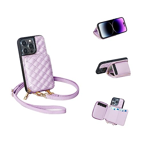 Image of LUCKYCOIN Crossbody Wallet Case for iPhone 14 Pro,RFID Blocking Leather Zipper Handbag Purse Flip Cover,Folio Case with Card Holder 6.1 in Purple