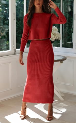 Image of chouyatou Women's Ribbed Sweater Sets Crop Top and Maxi Bodycon Skirt Sets 2 Piece Outfits
