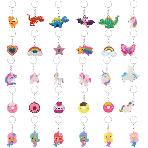 alwaiiz 30 Pièces Porte Clef Enfant, Silicone Porte Clef Animaux, Mini lot de Porte Clé pour Enfants Anniversaire, Licorne,Dinosaure, Sirène