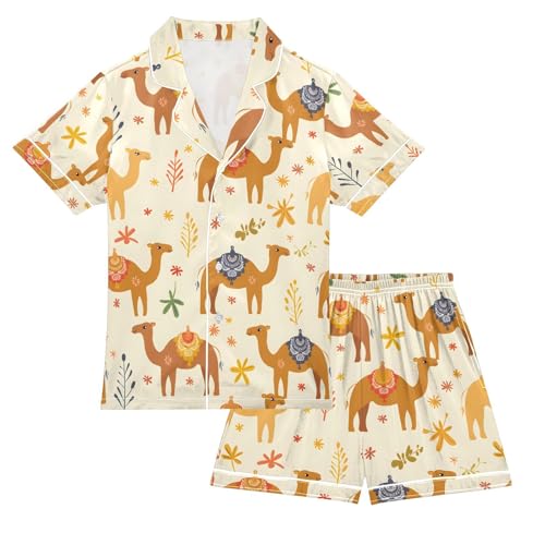 ALAZA Camel Cartoon Flower Pajamas Satin Pajama Set Short Sleeve Button Down Sleepwear
