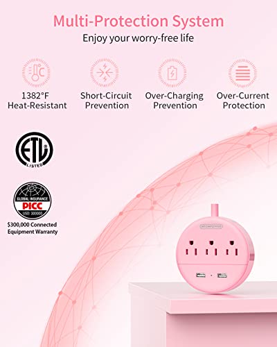 Pink Extension Cord 15ft, NTONPOWER Flat Plug Power Strip with Long Extension Cord, 3 Outlet 2 USB Desktop Charging Station Wall Mount for Home, Dorm Room, Office and Nightstand, ETL Listed — view 6