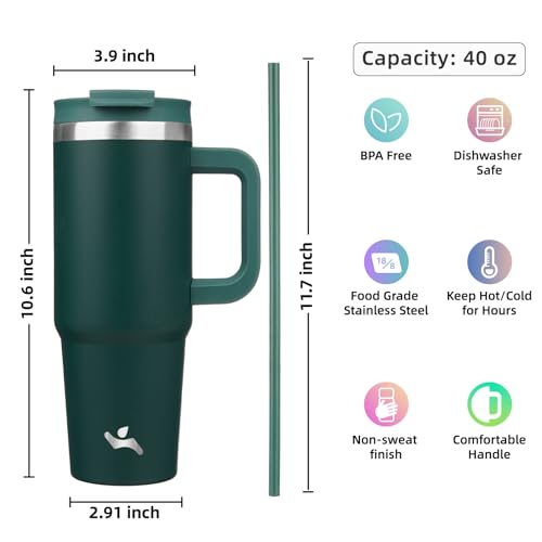 Konokyo 40 oz Tumbler with Handle and 2 Straws,2 in 1 Lid Insulated Water Bottle Stainless Steel Travel Coffee Mug,Dark Green - Image 4