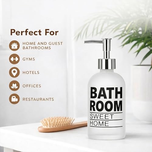 Image of Luxe Home International Bathroom Sweet Home Print Glass Soap Dispenser for Bathroom and Kitchen Sink Leak Proof Liquid Hand Wash Round Bottle Lightweight Smooth Finish (19.5x7.5 cm White) Pack of 1