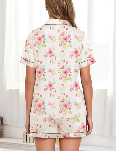 Image of Veseacky Women Satin Pajamas Set 2 Piece Button Down Short Sleeve Soft Sleepwear with Pockets