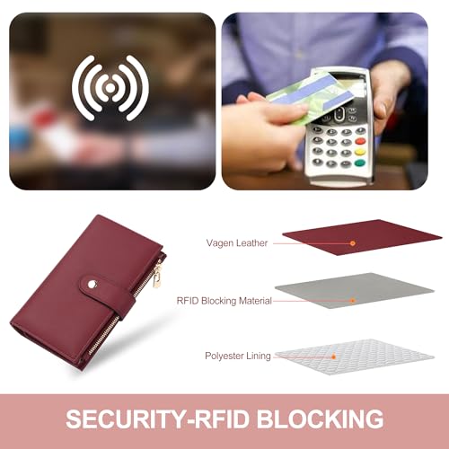 Image of yiijay Womens Wallet RFID Blocking Vegan Leather Trifold Clutch Credit Card Holder Ladies Travel Wallet Purse with Pen Holder, 1Wine Red, 6.3 x 4.1 x 1.3 inches, Rfid Wallet