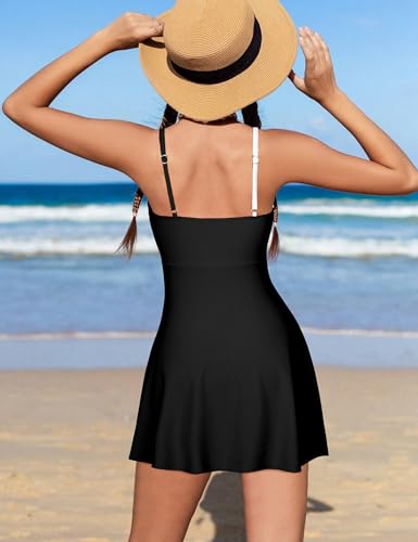 Girls Swimsuits One Piece Swimsuit Color Block Swim Dress V Neck Bathing Suit Quick Dry Swimwear 7-14Y4