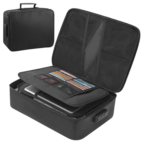 Bolsa para documentos A4 ignífuga con cremallera y cerradura, 1472 F, portátil, impermeable, 4 niveles para archivos A4, certificados, pasaportes, factura (negro, 37 x 27 x 10 cm)