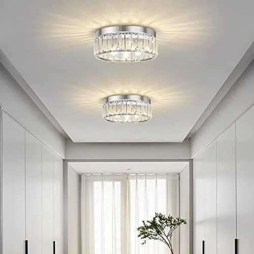 Tsmkledan Semi Flush Mount Ceiling Light, Brushed Nickel Modern Crystal Ceiling Light Fixture, Small Crystal Chandeliers For Hallway Bedroom Bathroom Living Room With G9 Socket, Silver #TOP5