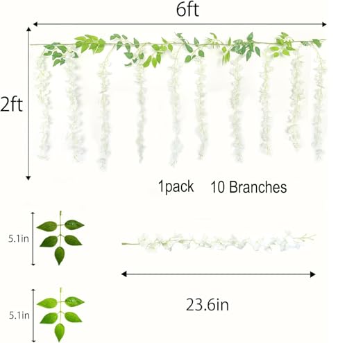 2 Pack 20 Branches Wisteria Hanging Flowers 6 Feet Artificial White Wisteria Vine Silk Flowers Garland for Wedding Arch Party Garden Home Decor (White)