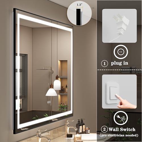 Image of 40x30 LED Bathroom Mirror with Black Frame, Dimmable Vanity Mirror with Lights for Wall, Backlit and Front Lighted, Memory, Anti-Fog, ETL Listed (Horizontal /Vertical)