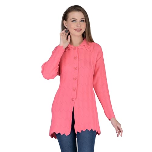 Image of LADY WILLINGTON Women Woolen Double Collar Daffodil Fabric Cardigan Winter Wear Pure Wool Cardigan for Women Free Size Long Cotty Warm Cardigans with Side Pockets