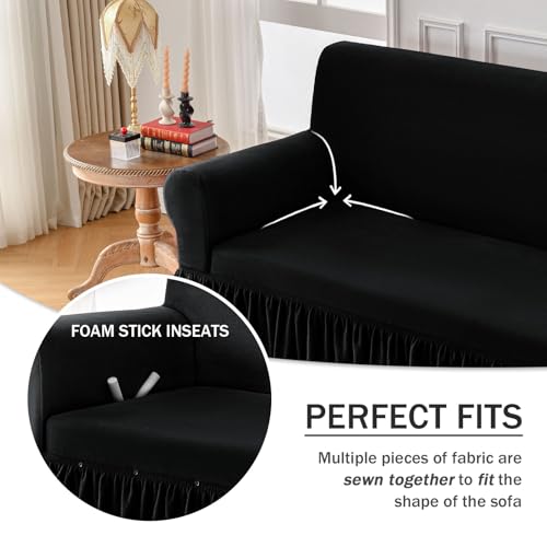 NICEEC Sofa Cover Thick Plush 1-Piece Warm Black Sofa Slipcover for Sofas Stretch Fluffy Couch Covers for Living Room Easy Fit Washable Soft Furniture Sofa Protector with Skirt - Image 5