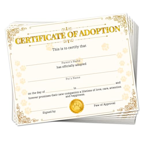 Certificats d'adoption pour animaux Golden Lace - Lot de 30 diplômes vierges de 25x20 cm