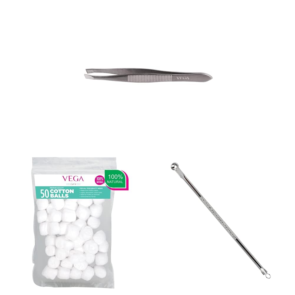 VEGA Beauty Tool Set - Square Tip Tweezer (TW-01), Silver, 10 g & Black Head Remover (BHR-02), Silver, 7 g & Cotton Balls (CB-01), White, 40 g (Pack of 50) - Metal, All Skin Types