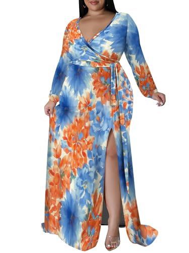 Image of PinkPatty Women's Plus Size Long Sleeve Maxi Dress Casual V Neck Slit Tie Waist Wrap Dresses for Party Cocktail