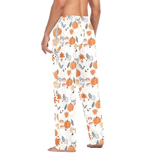 Thanksgiving Autumn Fall Pumpkin Leaves Men's Pajama Pants Cotton Sleep Bottoms with Drawstring A23045454