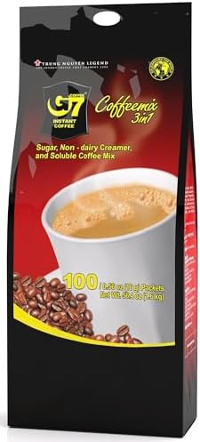 Trung Nguyen G7 Instant Coffee - 3-in-1 with NANO+ Technology, Roasted Ground Blend, Non-dairy Creamer & Sugar (100 Sticks)