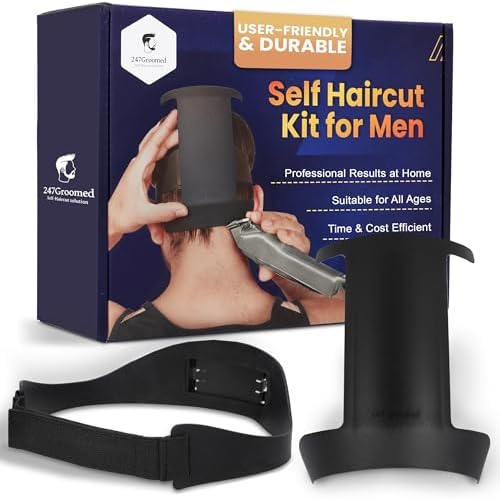 247 GROOMED Self Haircut Kit for Men | 2Pcs SelfCut Guide for Men: Neckline Shaving Template & Fade Guide | Adjustable Size Hair Fade Tool & Stable Neck Line Up Tool | Hair Cut for Kids & Seniors