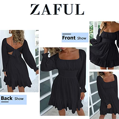 Zaful Women's Square Neck Off Shoulder Tie Back Long Lantern Sleeve Ruffle Short Dress Elastic Waist Casual A-Line Mini Dress Black #TOP3