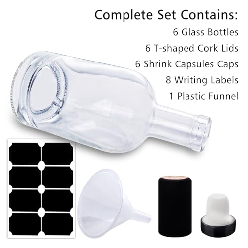 NAWORLI 12 OZ Clear Glass Bottles with Cork, 6 Pack 375 ML Liquor Bottles with T-shaped Stopper Caps and PVC Shrink Capsules, Empty Heavy Base Vodka Bottles for Whiskey, Wine - Thumbnail 7