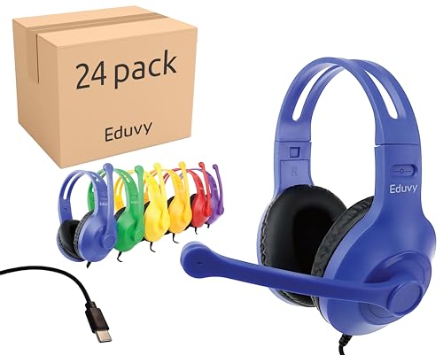 Eduvy Bulk Type C Headphones for Classroom with Microphone. Heavy-Duty School Pack Wired Headphones for Students with Rotating Boom Mic. Fits USB C Ports on laptops and Tablets. (24 Pack Mixed Color)