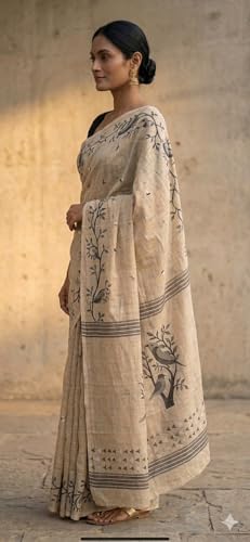 Image of Lilan Cotton Saree with White Daisy Floral Prints Tassel Pallu Lightweight Summer Saree
