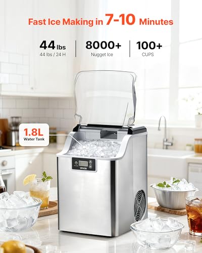 Image of VEVOR Countertop Ice Maker, 44 lbs per Day, Self-Cleaning Portable Machine with Scoop, 4 lbs Ice-Storage Basket, Nugget Ice-Making Machine with Chewable ICES for Home, Kitchen, Office, Bar & Party