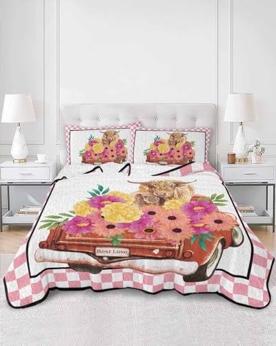 Summer Quilts Queen Size, Lightweight Quilted Coverlet Best Love Farm Truck Flower Cows Mother and Child Buffalo Plaid Comforter Set for Bed, Bedspreads Quilt Bedding 2 Pillowcases 90x96 Inch