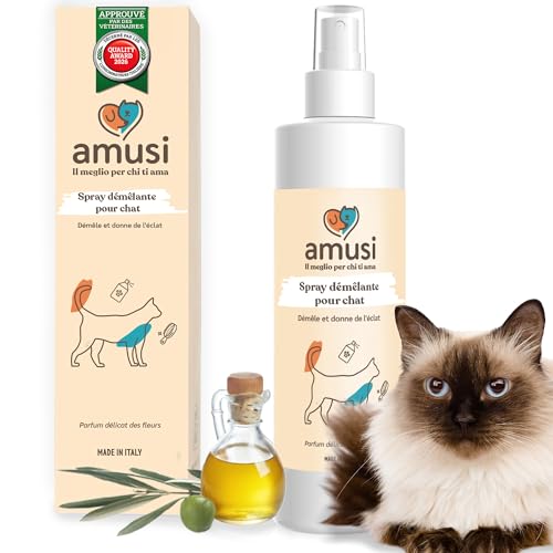 amusi Spray Démêlant Poil Chat 250 ML – Demelant Chat Poils Longs sans Rinçage Naturel & Végétalien - Pelage Doux, Brillant et Léger – Made in Italy