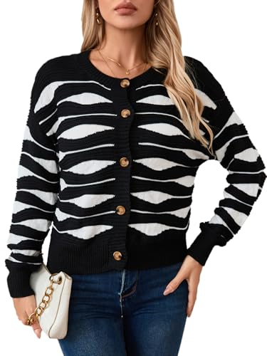 Image of Verdusa Women's Striped Button Up Cardigans Long Sleeve Crew Neck Knitted Cardigan Sweaters Black and White Small