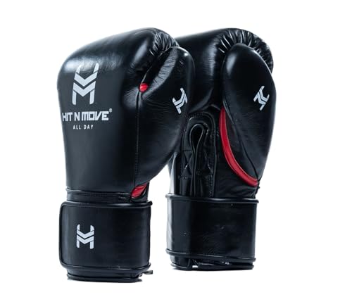 HIT N MOVE Pro Agility All Day Boxing Gloves Hook and Loop, Boxing Gloves Men, Boxing Equipment, Sparring & Heavy Bag Workout Gloves for Boxing, Kickboxing, Muay Thai, MMA (Black/Red, 16 OZ)