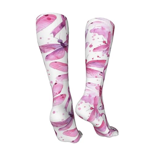 Pink Dragonflies with Cancer Ribbons Compression Socks for Kids Boys Girls, Knee High Soccer Socks Long Tube Funny Gifts for Running Sports Travel 19.8in2