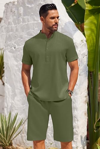 COOFANDY Men's 2 Pieces Set Short Sleeve Henley Shirts and Shorts Pants Texture Summer Beach Vacation Outfits4