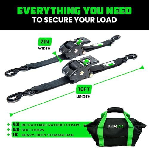 Image of Rhino USA Retractable Ratchet Straps (4-Pack) - 2 Inch x 10 Feet (3,033lb Break Strength) - Heavy Duty Auto Self Retracting Tie Down Straps for Truck, Cargo Trailer, Motorcycle, Rad & More - Black