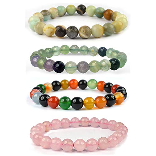 Bracelet quartz rose et amazonite en coffret de 4 pièces à offrir pour un anniversaire