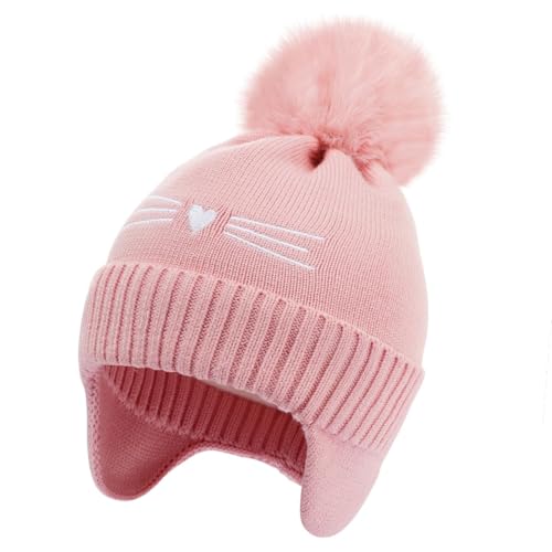 ACTLATI Kids Beanie with Ear Flaps for Boys Girls Pom Knit Hats